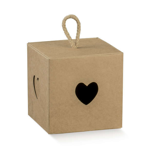 Scatola "Cubetto" in cartoncino con sagoma cuore con cordino, formato 5x5x5 cm, confezione da 10 pezzi, vari formati