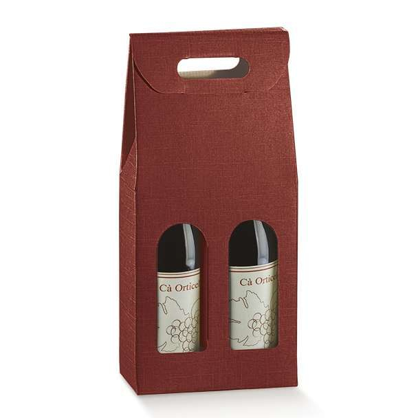 Scatola porta bottiglie in cartone bordeaux effetto tessuto con finestra e maniglia superiore, vari formati