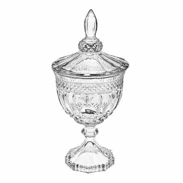 Coppa in vetro lavorato con coperchio, diametro 18.2 cm, altezza 38.5 cm