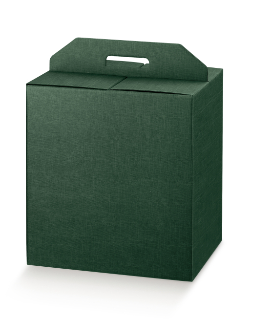 Scatola per confezioni regalo in cartone verde scuro con maniglia superiore esterna, vari formati