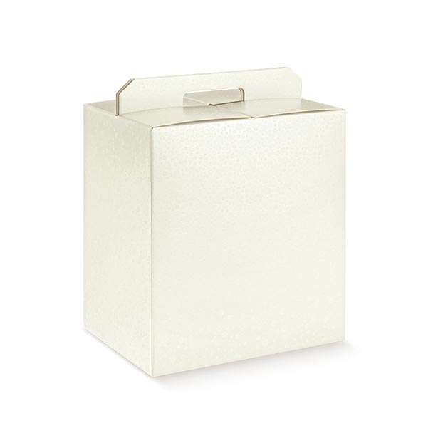 Scatola per confezioni regalo in cartone bianco perlato con maniglia superiore esterna, vari formati