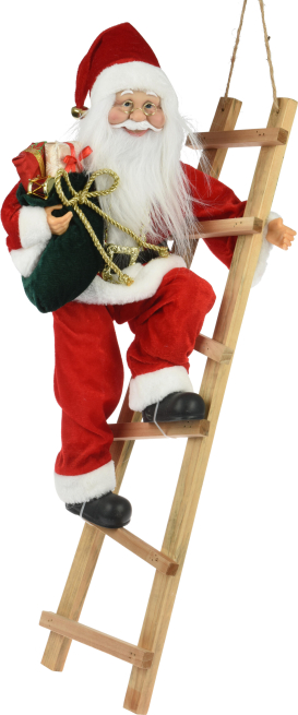 Babbo Natale con doni su scala in legno, 25x30 cm, altezza 65 cm
