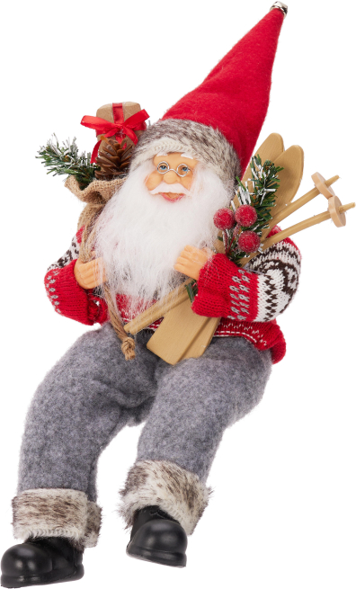 Babbo Natale seduto in tessuto con sci e doni, altezza 30 cm