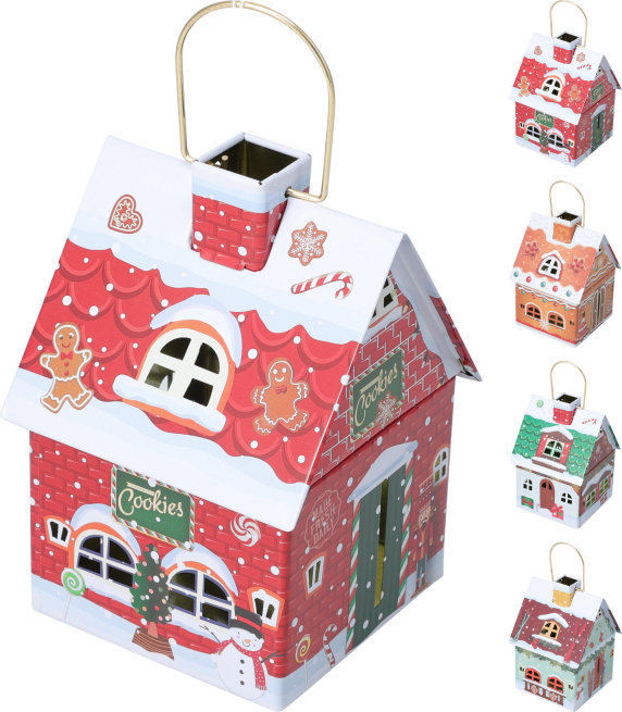 Scatola in latta casa natalizia, 14x10 cm, altezza 10 cm, modelli assortiti