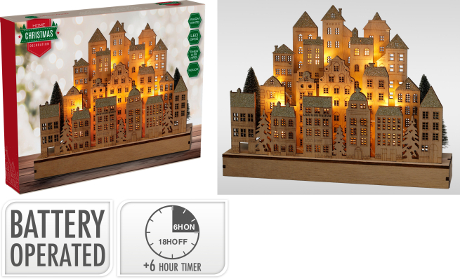 Villaggio natalizio in legno con luci led, 8.5x35 cm altezza 26.5 cm