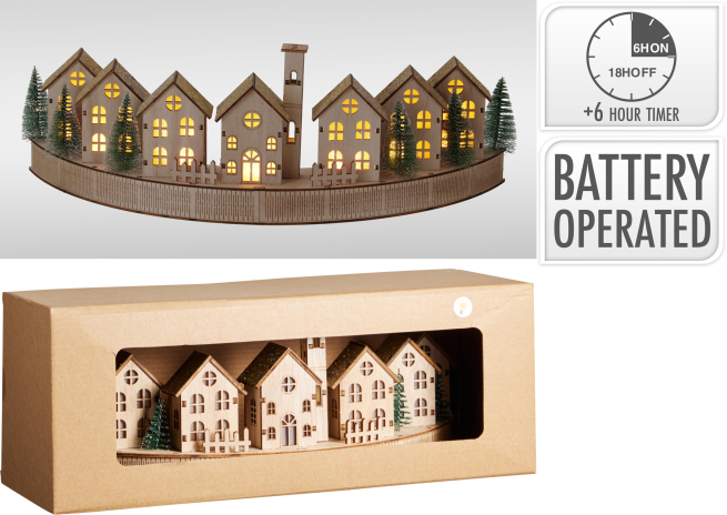 Villaggio natalizio semi circolare in legno con luci led, 14x36 cm altezza 13 cm