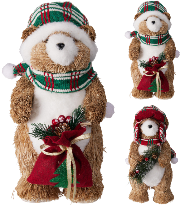 Orso natalizio in erba e tessuto, altezza 32 cm, vari soggetti