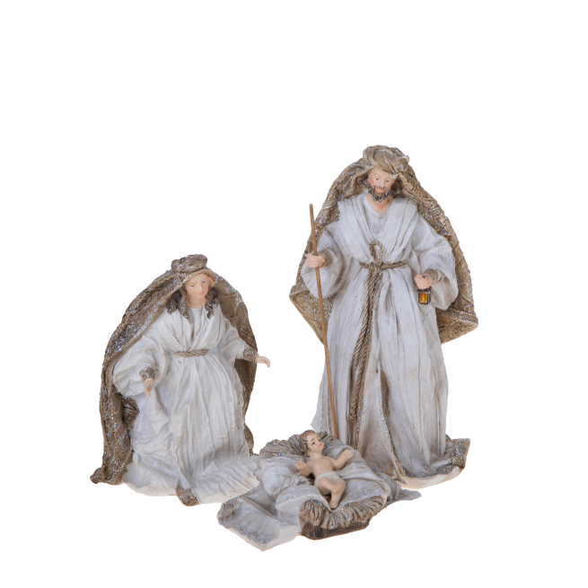 Natività in resina crema e oro, altezza 19 cm, composizione da 3 pezzi