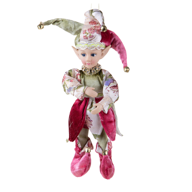 Elfo Joker con vestito rosa e verde, altezza 30 cm