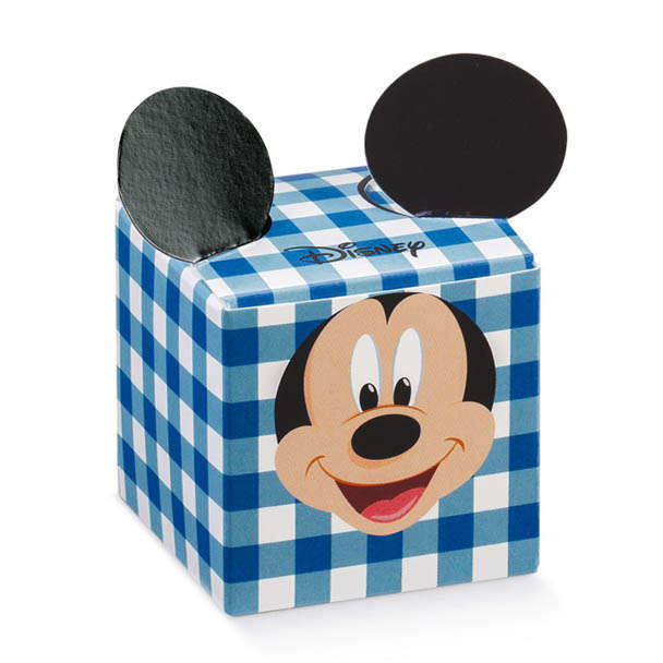Scatola "Cubetto" in cartoncino fantasia "Mickey Party" azzurro, formato 5x5x5cm, confezione da 10 pezzi