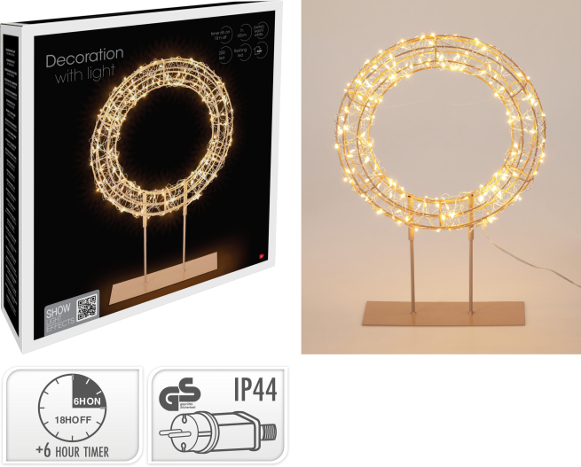 Corona con 200 microluci led su base in metallo, altezza 41.5 cm
