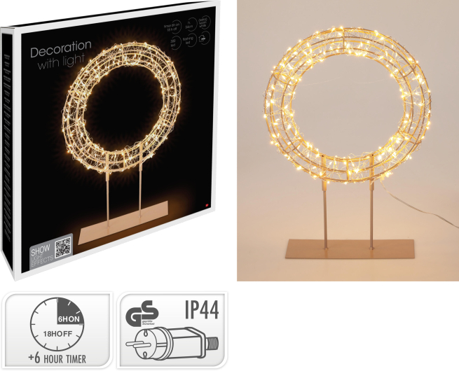 Corona con 300 microluci led su base in metallo, altezza 53.5 cm