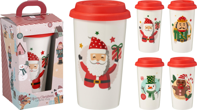 Mug natalizia in gres con coperchio, altezza 14 cm, soggetti assortiti