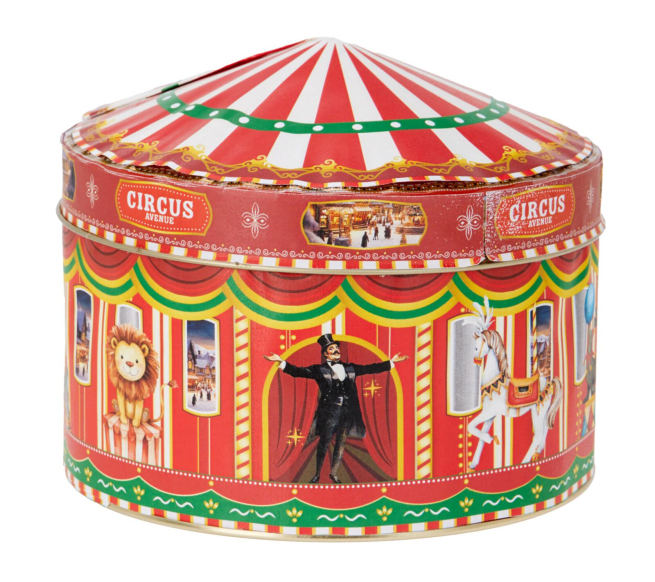 Scatola in latta "Circus Avenue" con 150 gr di biscotti