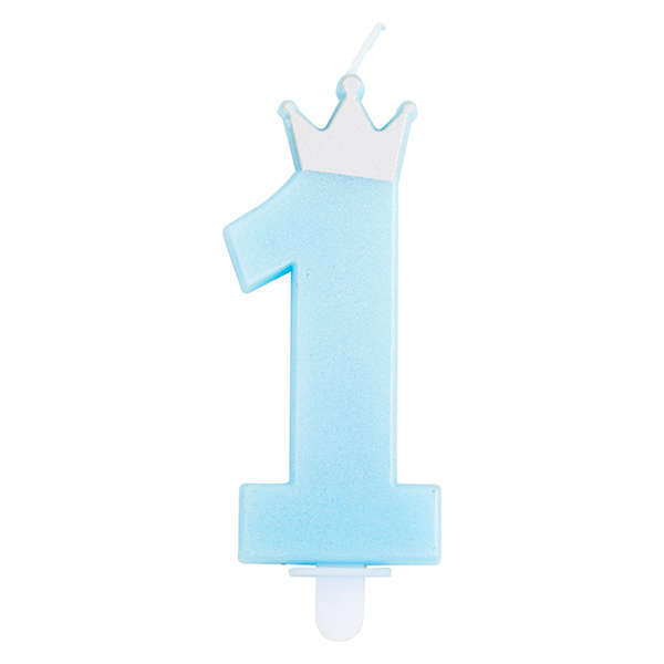 Candela numero "1" con corona, azzurro perlato