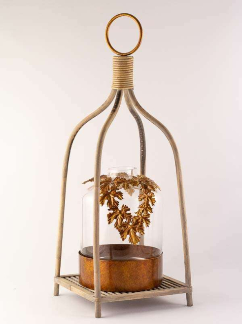 Lanterna in metallo legno e vetro, altezza 98 cm