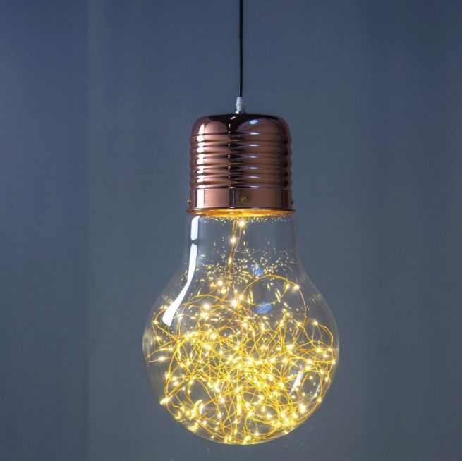 Lampadina "Goccia" in vetro e metallo "rame" 180 microled luce calda fissa per uso interno ed esterno, diametro cm 30 x 45 di altezza.