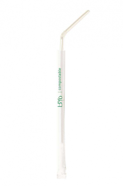 Cannuccia con snodo bianca in PLA biodegradabile monoimbustata 20cm, confezione da 200 pezzi