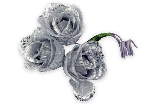 Bocciolo di rosa lamè argento, diametro 2.5 cm, confezione da 72 pezzi