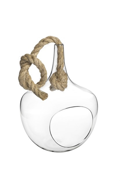 Vaso in vetro sospeso con corda, diametro 13 cm, altezza 16 cm
