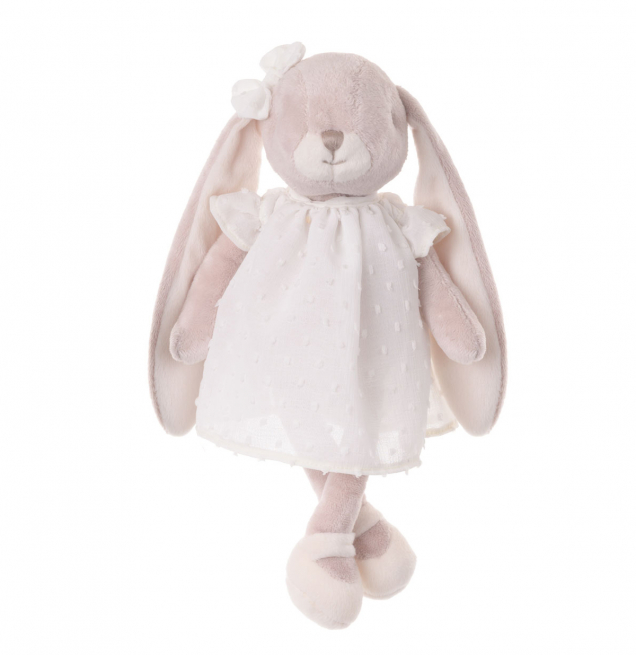 Coniglio "Lena" nocciola con vestito e fiocco bianco, altezza 30 cm