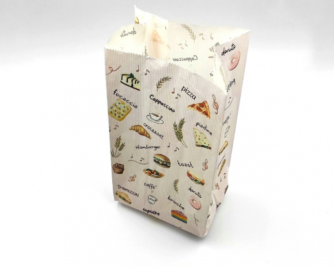 Sacchetto in carta politenata antiunto, fantasia "Snack-stuzzicchini", cartone da 10 kg.