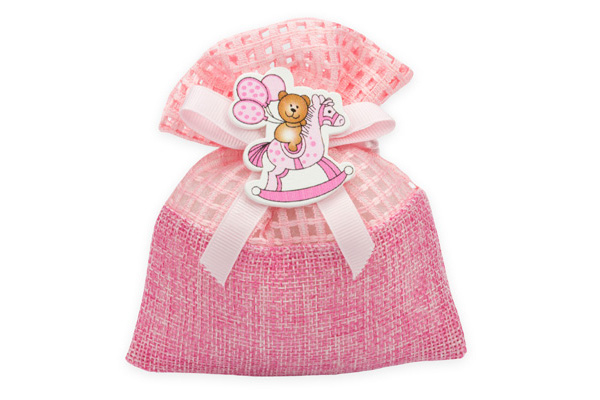Sacchettino in juta con rete rosa, 10x13 cm, confezione da 10 pezzi