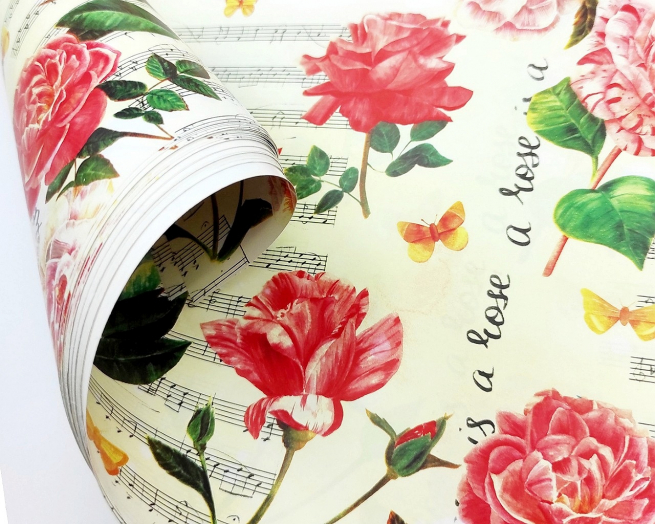 Carta regalo patinata in fogli, fantasia stampa rose e note musicali, 70x100 cm, confezione da 25 fogli