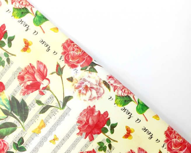 Carta regalo patinata in fogli, fantasia stampa rose e note musicali, 70x100 cm, confezione da 25 fogli