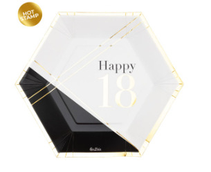 Piatto esagonale in cartoncino fantasia "Happy 18" chic, confezione da 8 pezzi