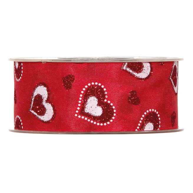 Rotolo nastro poliestere rosso fantasia "Cuori" con glitter