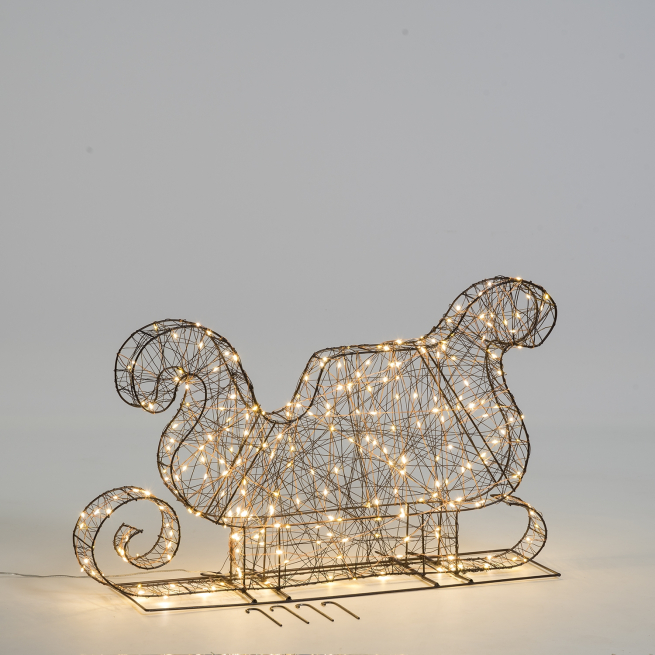Slitta 3D in metallo marrone, 300 microled con filo metallo rame luce calda, uso interno ed esterno, lunghezza 76 x 50 di altezza + 4 metri filo di alimentazione