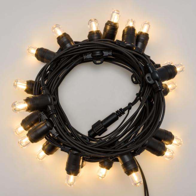 Catena 20 lampadine E14 luce calda fissa, per uso interno ed esterno, prolungabile, cavo alimentazione non incluso, lunghezza 6 metri, cavo nero