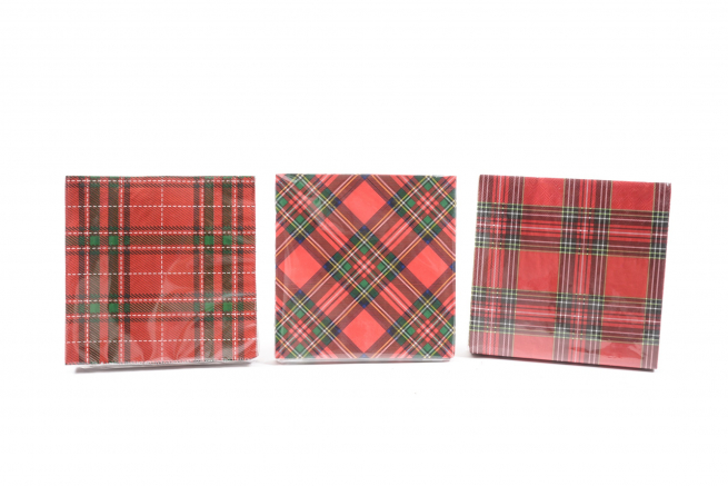 Tovagliolo in carta stampa "Tartan" 33x33 cm, confezione da 20 pezzi, soggetti assortiti