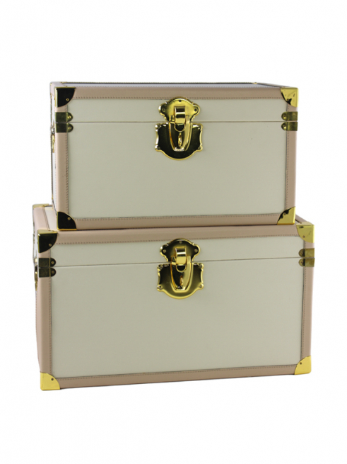 Baule rettangolare in pvc e legno avorio con chiusura in metallo dorata