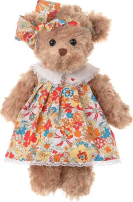 Orsa "Helena" con abito fiori e cerchietto, altezza 35 cm