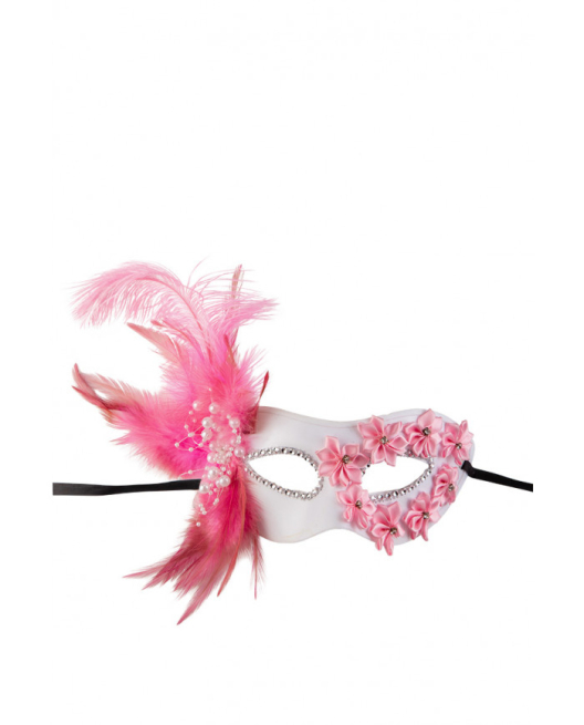 Maschera bianca donna con fiorellini e piume rosa