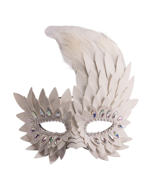 Maschera bianca donna in ecopelle, impreziosita con cristalli e piume