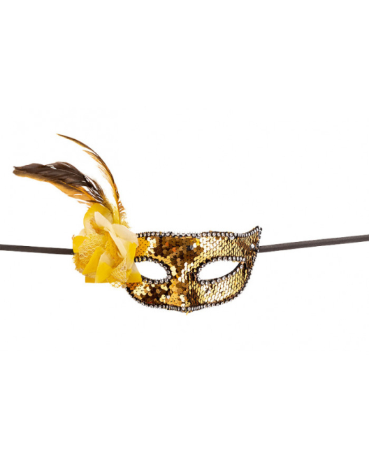 Maschera oro donna, impreziosita con paillettes, rosa e piume
