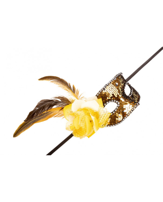 Maschera oro donna, impreziosita con paillettes, rosa e piume