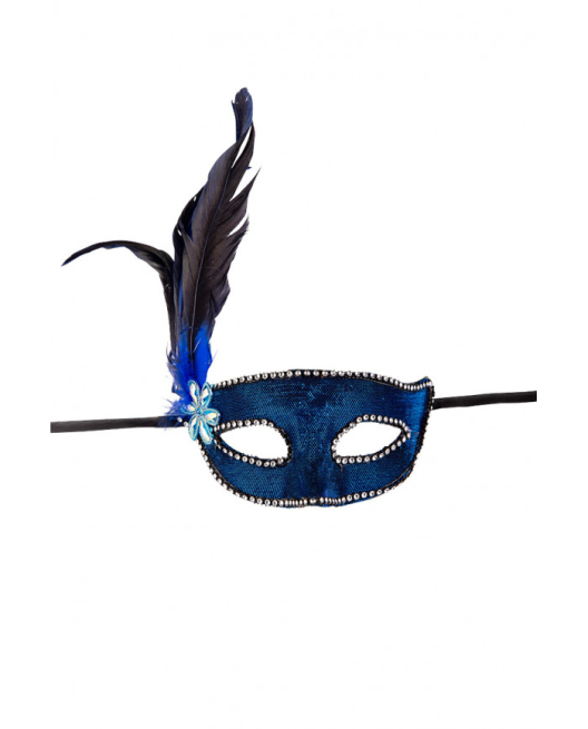 Maschera blu donna in tessuto, impreziosita con decoro, strass e piume