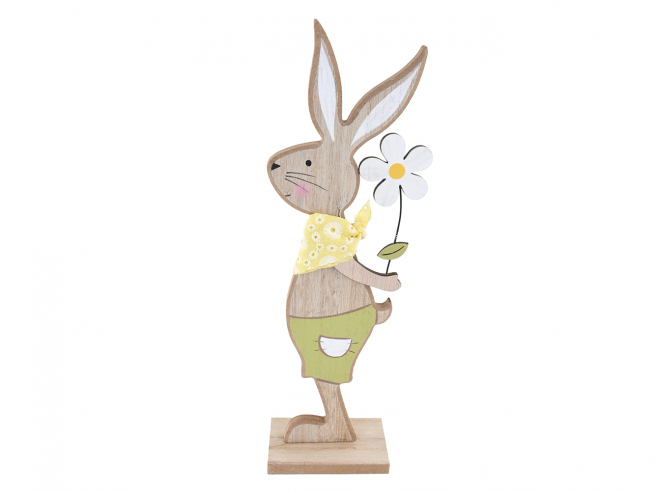 Coniglio in legno con fiore, altezza  31 cm