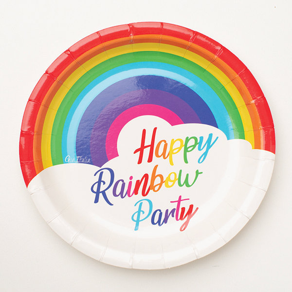 Piatto piano in cartoncino diametro 18cm fantasia "Arcobaleno", confezione da 8 pezzi