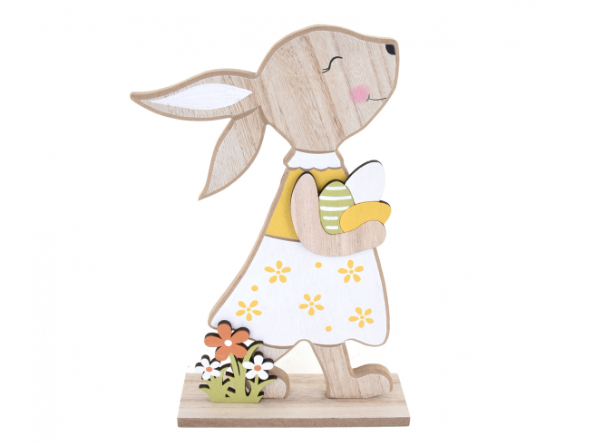 Coniglietta in legno con fiori e uova, altezza  30 cm