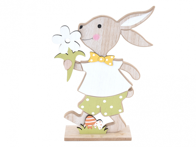 Coniglio in legno con fiore, altezza  31.5 cm