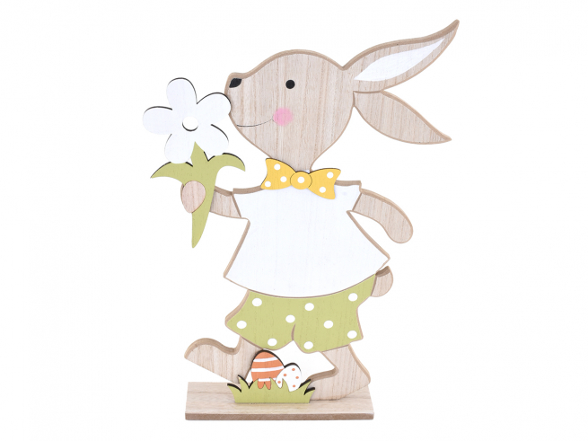 Coniglio in legno con fiore, altezza  41.5 cm