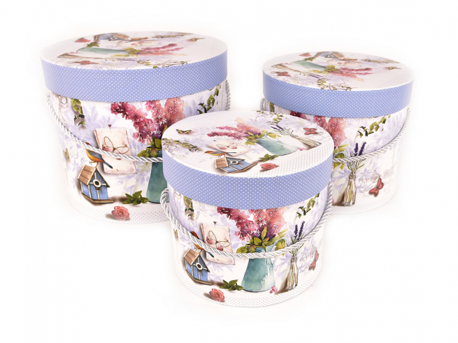 Set scatole regalo rotonde motivo lavanda, confezione da 3 pezzi