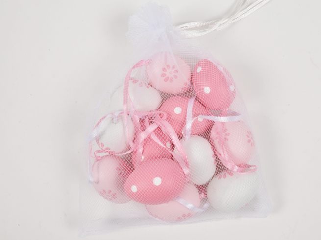 Uovo decorato, tonalità  rosa assortite, formato 3x4 cm, con sacchetto, confezione da 12 pezzi