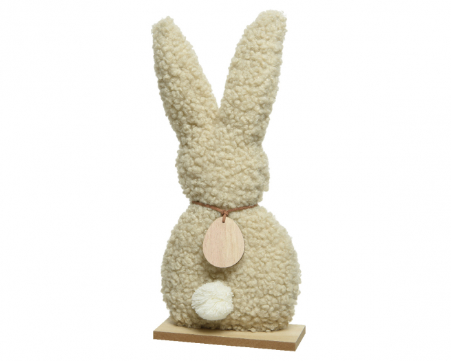 Coniglio con manto beige, base in legno, altezza 32 cm