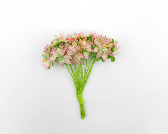 Fiorellino pick in tessuto rosa e verde, con filo in metallo, diametro 3 cm, confezione da 144 pezzi